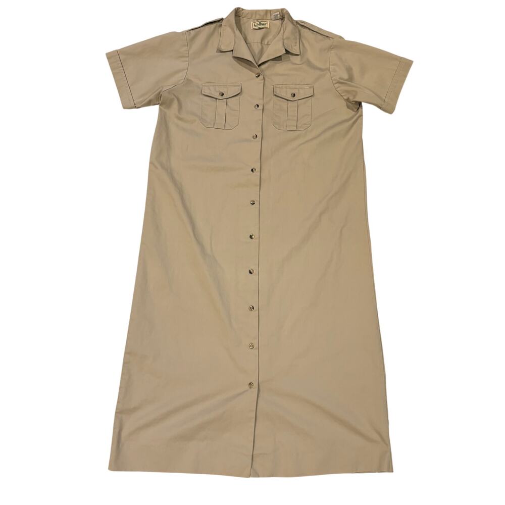LL Bean Shirt Dress Womens 14 (Large) Beige Safari Field Button Front USA Made